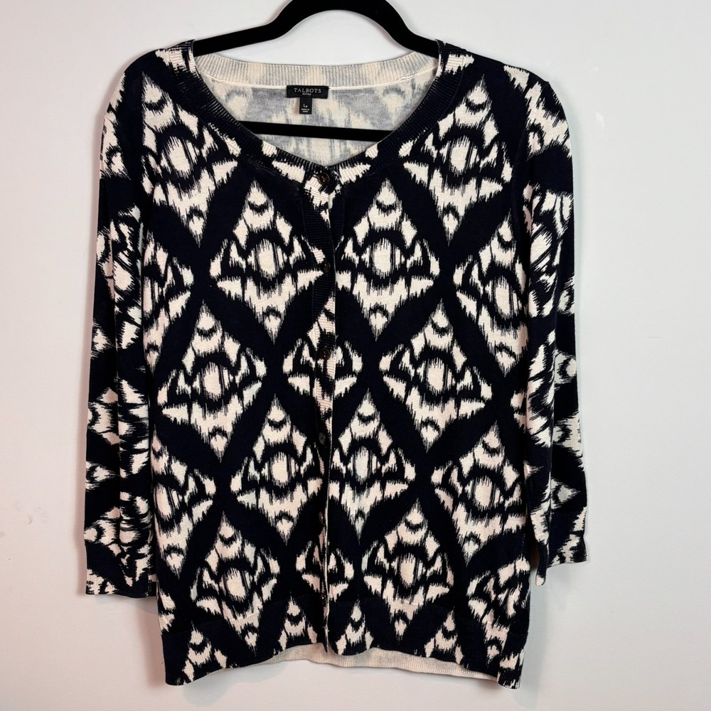 Talbots Womens Black White Ikat Pattern Cotton Cardigan sz Petite LG Classic